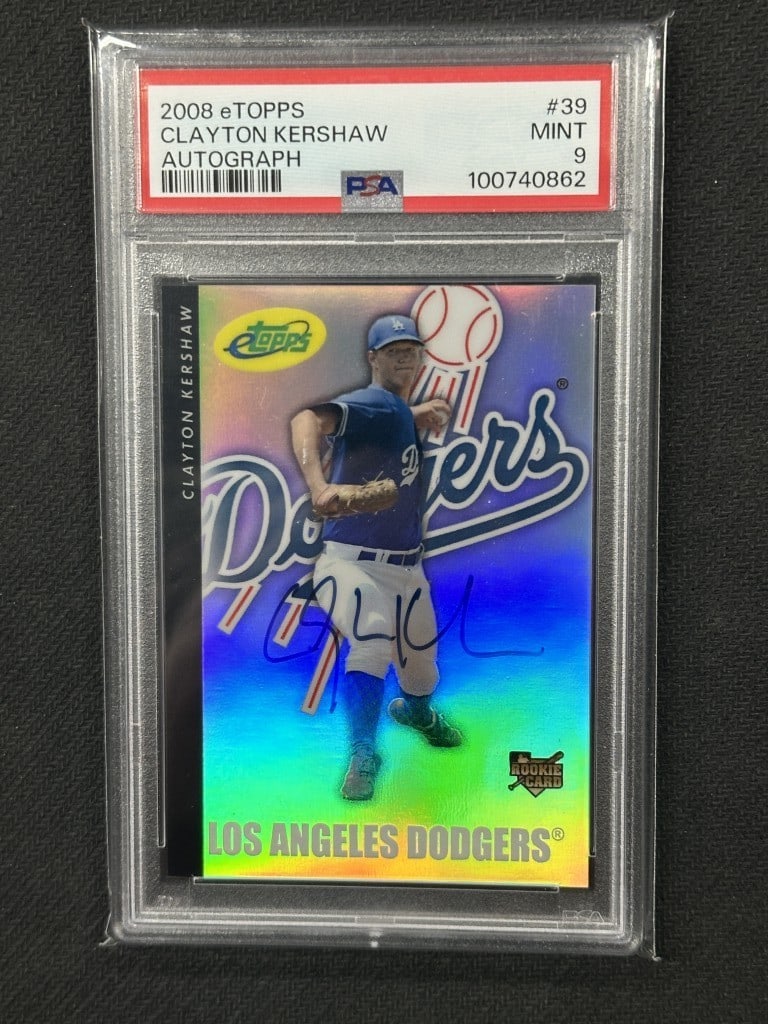 Clayton Kershaw 2008 eTopps Rookie Auto PSA 9 Dodgers Card #39: Clayton Kershaw 2008 eTopps Rookie Auto PSA 9 Dodgers Card #39 This is a 2008 eTopps Rookie Autograph baseball card featuring Clayton Kershaw, a celebrated pitcher for the Los Angeles Dodgers. The car