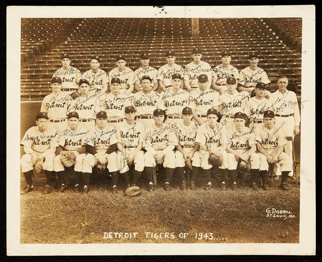 1943 Detroit Tigers Team-Signed Photo by 26 with Beckett Authentication: 1943 Detroit Tigers Team-Signed Photo by 26 with Beckett Authentication This is an original 8x10 photo of the 1943 Detroit Tigers, featuring the signatures of 26 team members, including notable player