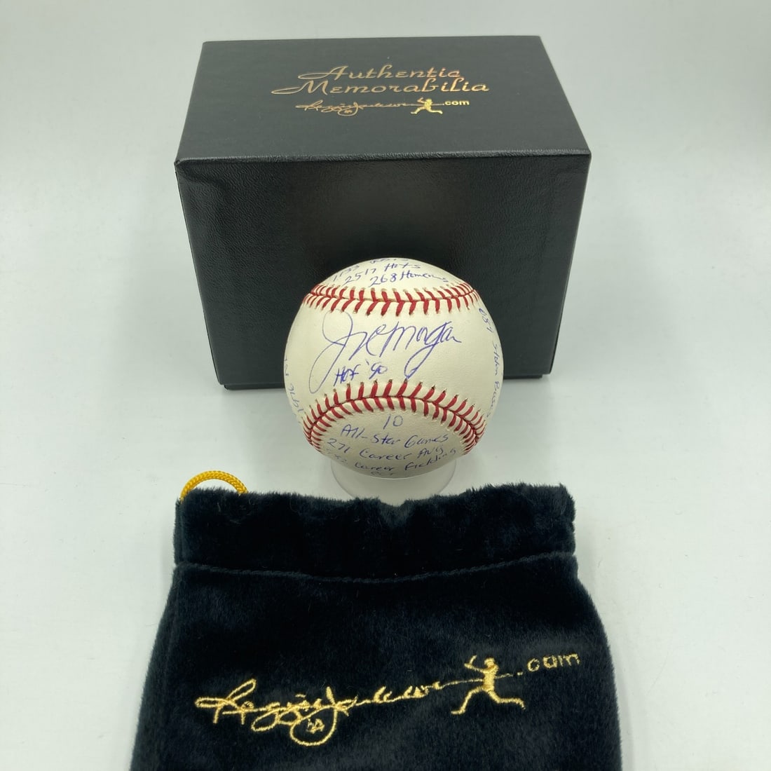 Joe Morgan Signed Career Stats Baseball with Reggie Jackson COA: Joe Morgan Signed Career Stats Baseball with Reggie Jackson COA This is an officially licensed Joe Morgan signed baseball featuring extensive career statistics inscribed by the player himself. The bal