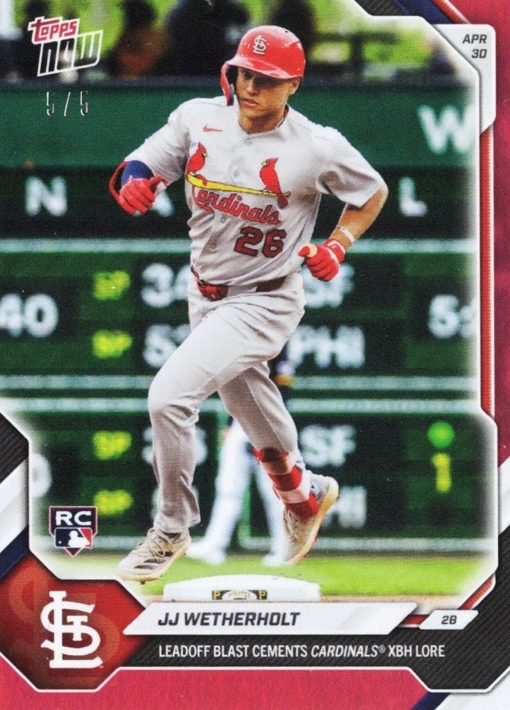 JJ Wetherholt Topps Now Red Foil Rookie Card #144 /5: JJ Wetherholt Topps Now Red Foil Rookie Card #144 /5 This is a 2026 Topps Now JJ Wetherholt #144 Red Foil rookie baseball card, featuring the St Louis Cardinals player. The card is crafted from paper 