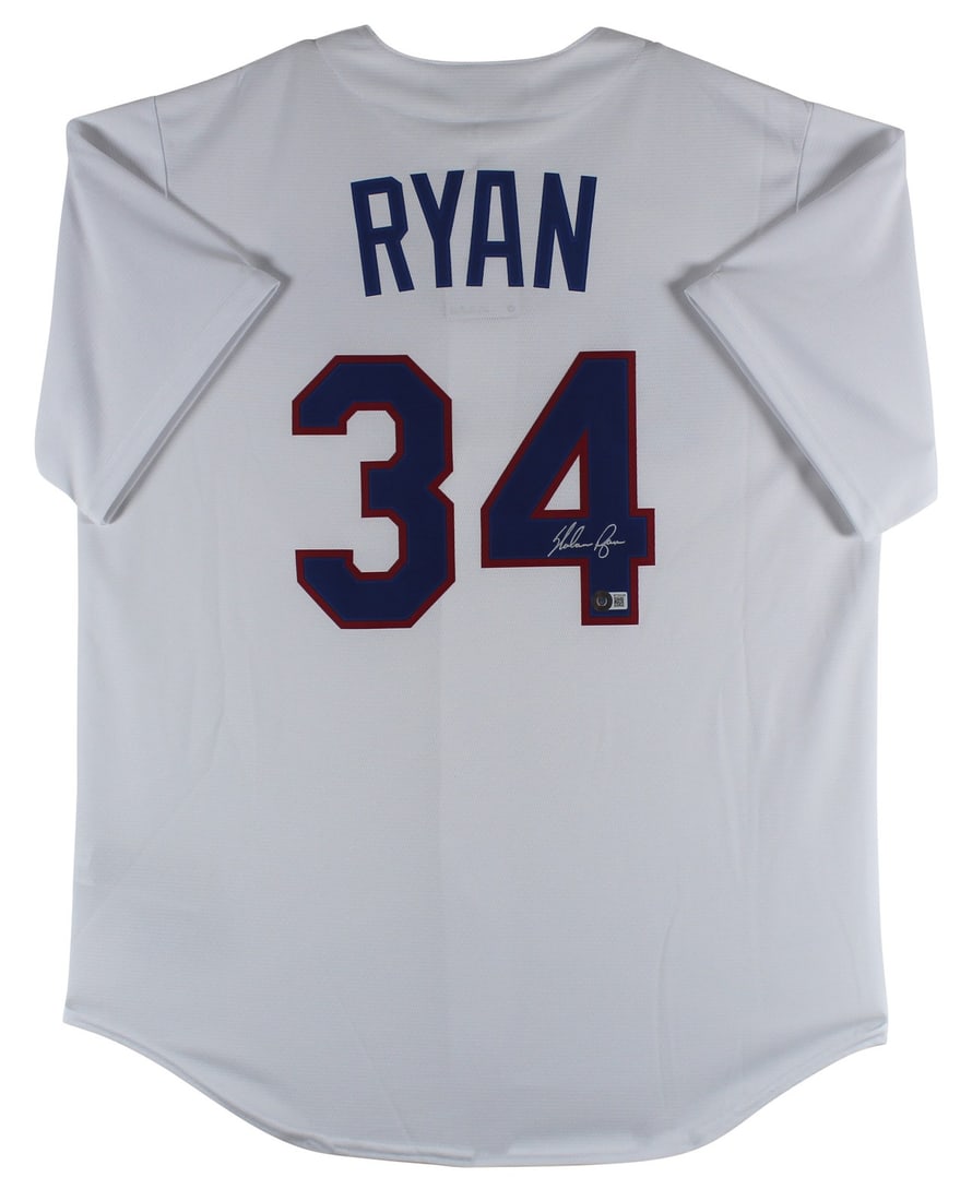 Nolan Ryan Texas Rangers Signed White Nike Jersey Beckett Authenticated: Nolan Ryan Texas Rangers Signed White Nike Jersey Beckett Authenticated This authentic white Nike jersey, signed by baseball legend Nolan Ryan, showcases his dedication to the Texas Rangers. The jerse