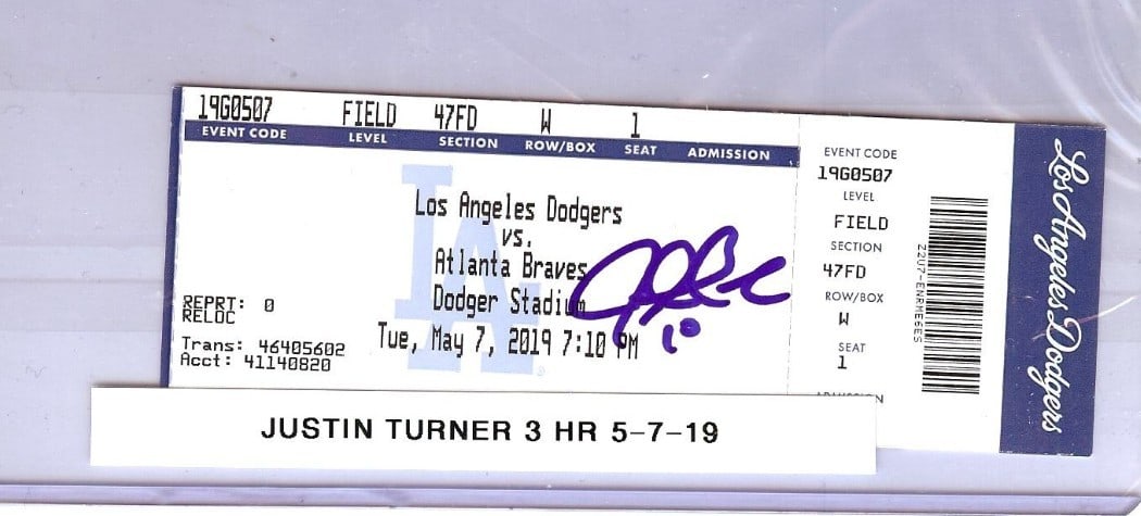 Justin Turner Signed Ticket Stub 3 HR Game 5/7/19 JSA Dodgers: Justin Turner Signed Ticket Stub 3 HR Game 5/7/19 JSA Dodgers This is an original ticket stub from the memorable game on May 7, 2019, where Justin Turner hit 3 home runs. The ticket has been authentic