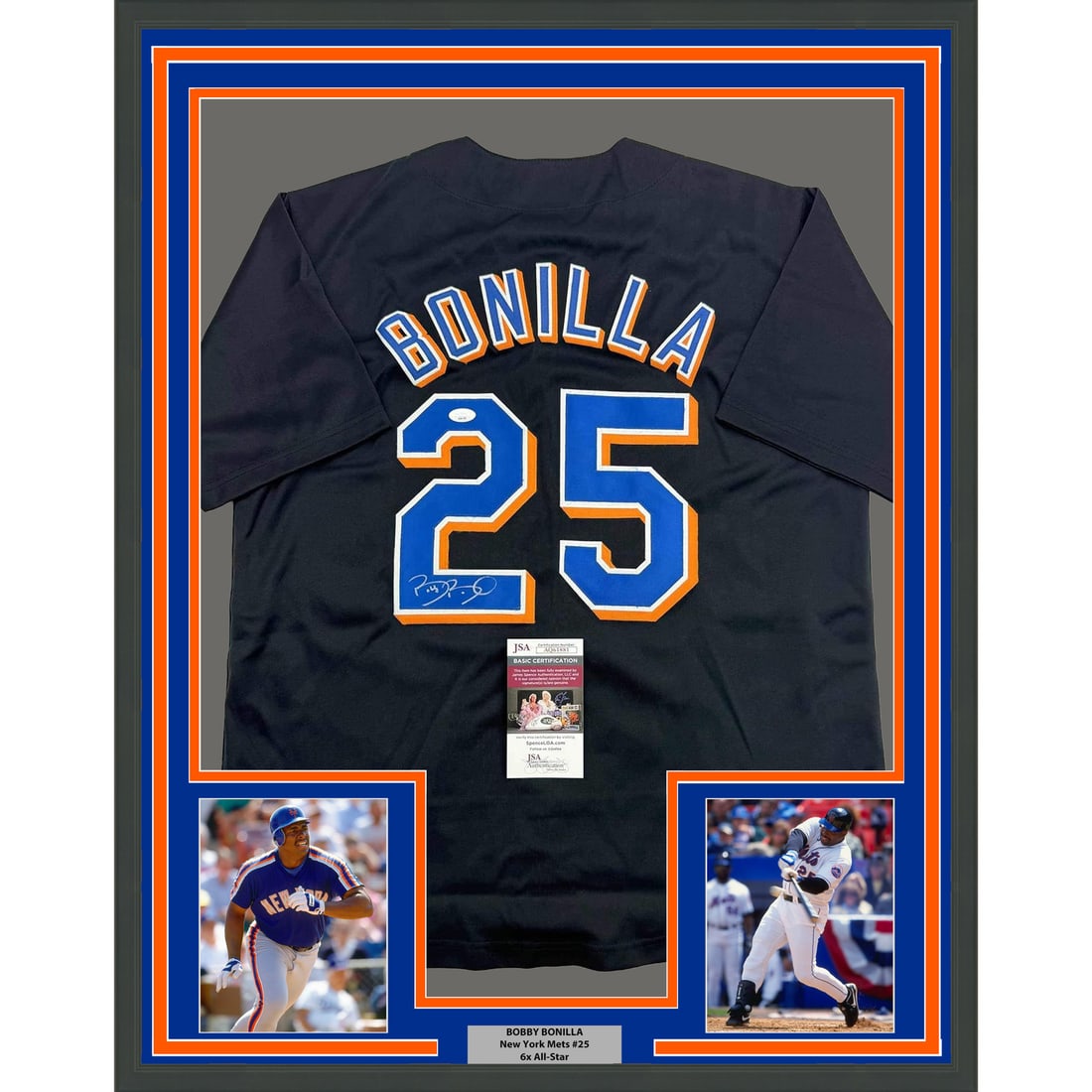 Framed Signed Bobby Bonilla 35x39 New York Mets Jersey with JSA COA: Framed Signed Bobby Bonilla 35x39 New York Mets Jersey with JSA COA This professionally framed and matted autographed jersey features Bobby Bonilla, a notable player for the New York Mets. The jersey 