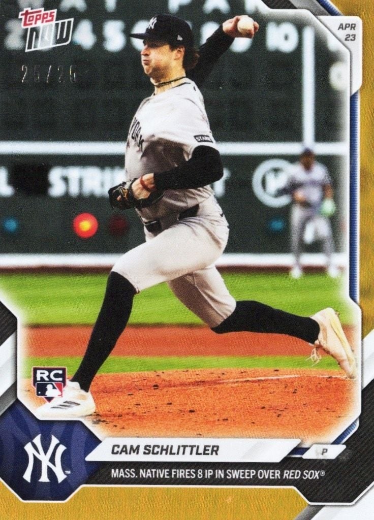 Cam Schlittler 2026 Topps Now Orange Foil #114 Rookie RC: Cam Schlittler 2026 Topps Now Orange Foil #114 Rookie RC This is a 2026 Topps Now Cam Schlittler #114 Orange Foil /25 Rookie RC baseball card, featuring Cam Schlittler of the New York Yankees. The car