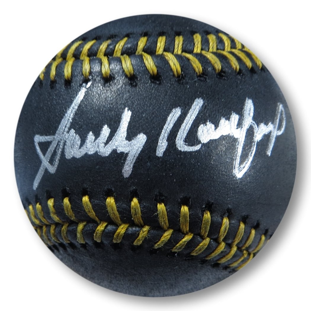 Sandy Koufax Autographed Black Baseball Dodgers Silver Ink JSA Certified: Sandy Koufax Autographed Black Baseball Dodgers Silver Ink JSA Certified This is a black baseball signed by legendary player Sandy Koufax, a prominent figure in Major League Baseball and a member of t