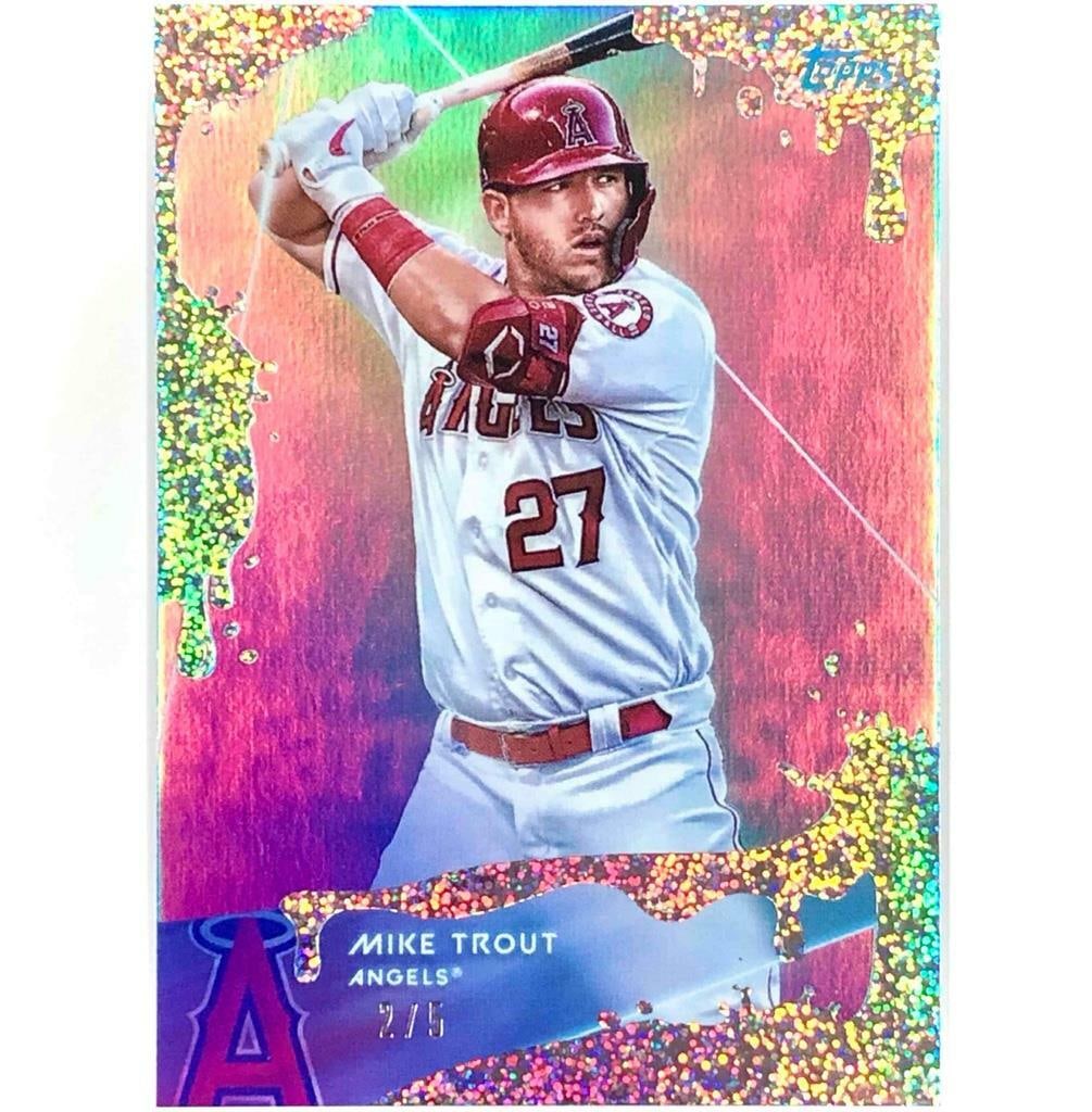 2020 Topps X Steve Aoki Mike Trout Silver Funfetti Refractor /5 Angels: 2020 Topps X Steve Aoki Mike Trout Silver Funfetti Refractor /5 Angels This is a rare 2020 Topps X Steve Aoki #1 Mike Trout wave 1 Silver Funfetti refractor trading card, limited to just 5 copies. It 
