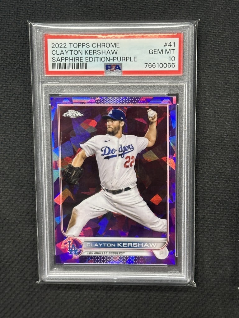 Clayton Kershaw 2022 Topps Chrome Purple Sapphire PSA 10 #41 Dodgers Card: Clayton Kershaw 2022 Topps Chrome Purple Sapphire PSA 10 #41 Dodgers Card This is a Clayton Kershaw 2022 Topps Chrome Purple Sapphire baseball card, featuring card number 41. Graded by Professional Sp