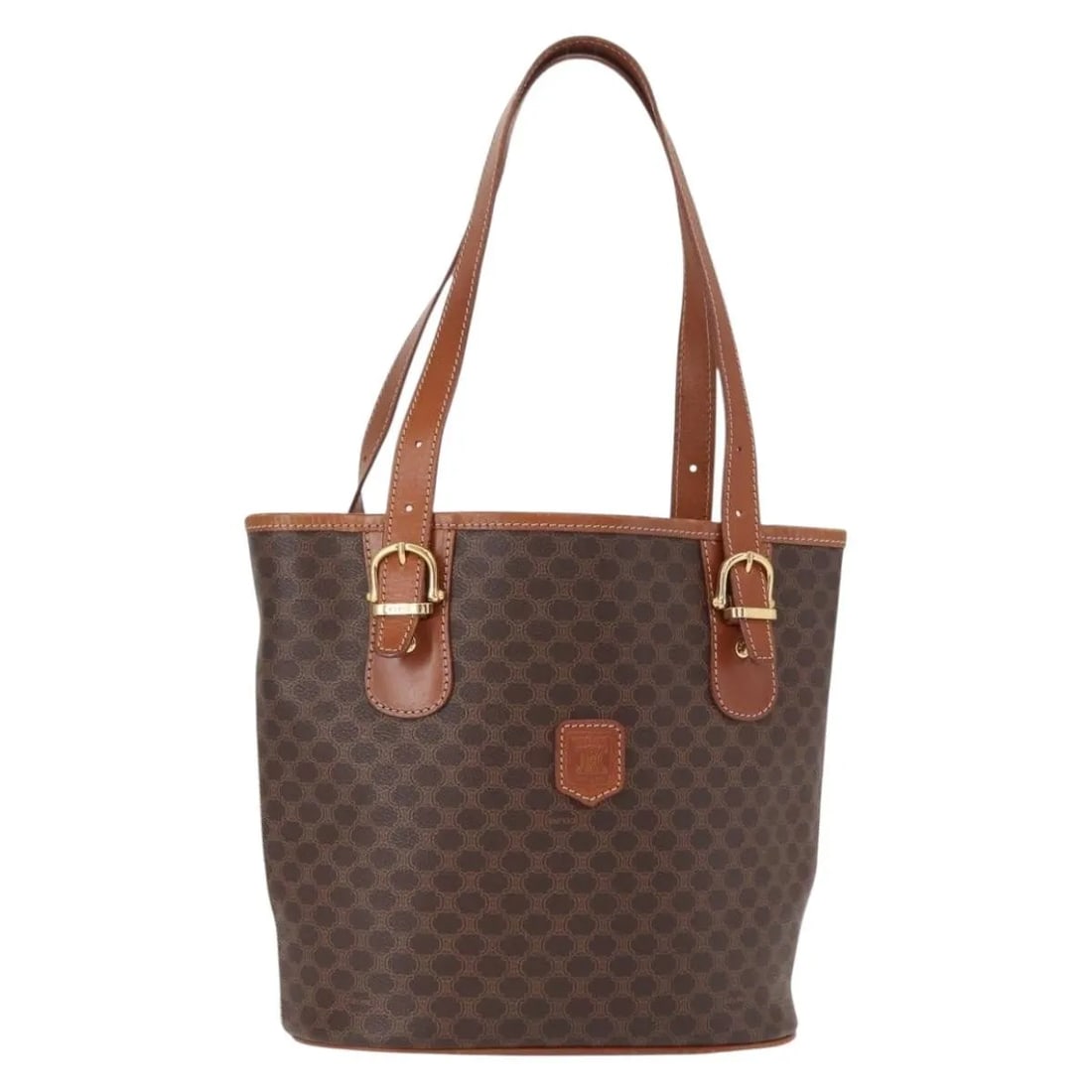 Celine Vintage Macadam Shoulder Bag Brown PVC Leather: Celine Vintage Macadam Shoulder Bag Brown PVC Leather This vintage Celine Macadam shoulder bag for women features a brown PVC canvas and leather construction with metal fittings. It measures 24cm by 2