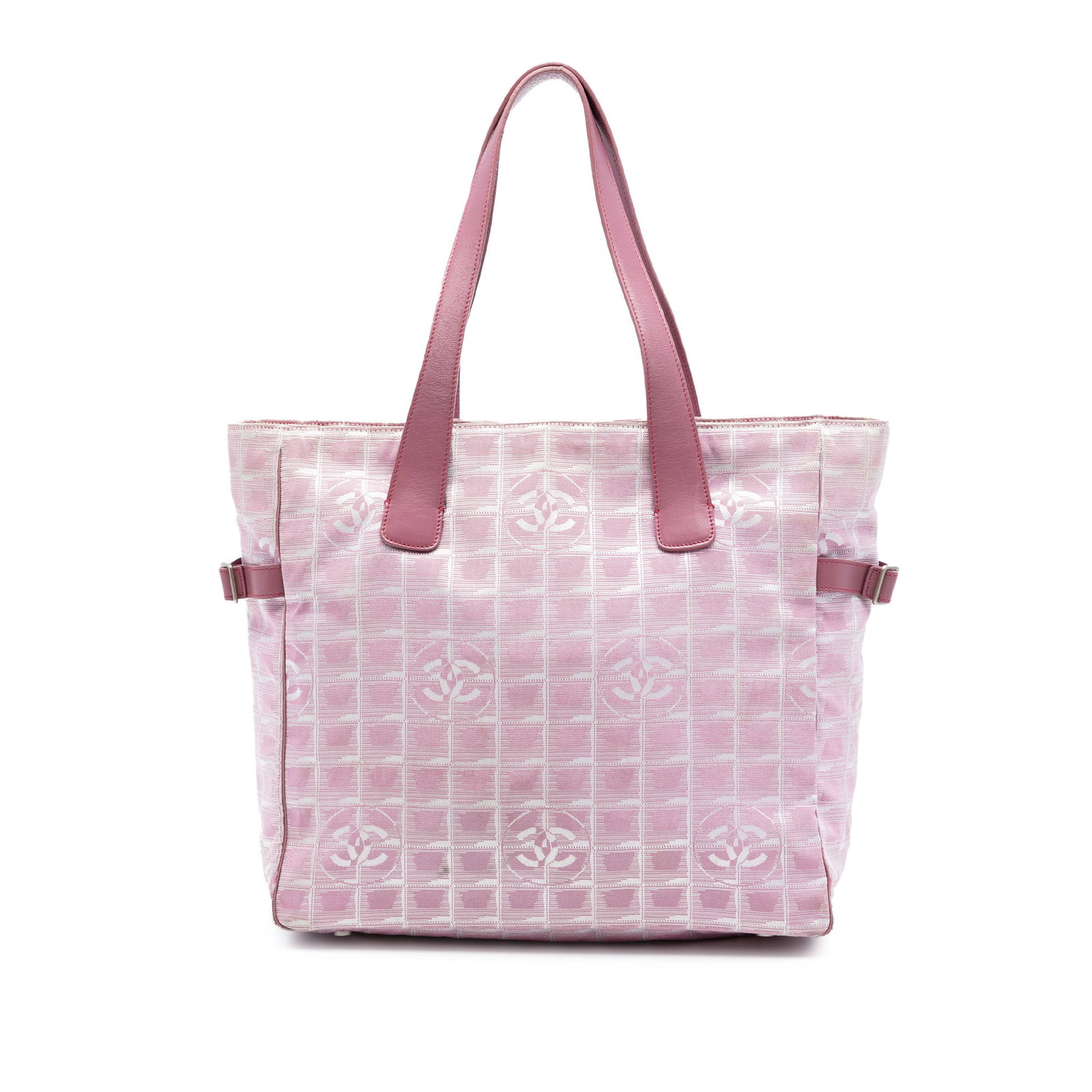 Chanel New Travel Line Tote Bag Pink Nylon Leather Trim: Chanel New Travel Line Tote Bag Pink Nylon Leather Trim Chanel New Travel Line tote bag in pink nylon with leather trim and flat leather straps. The bag features a top zip closure and interior zip poc