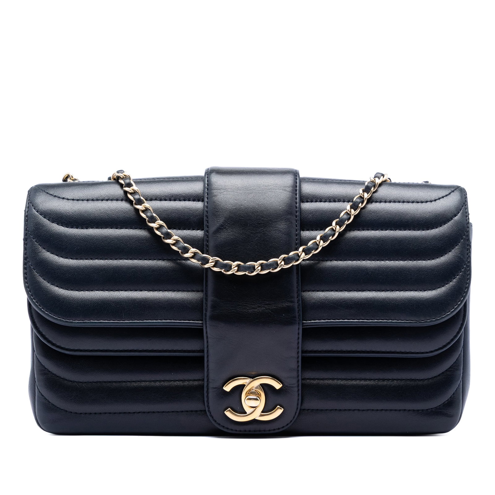 Chanel CC Double Flap Crossbody Bag in Blue Quilted Lambskin: Chanel CC Double Flap Crossbody Bag in Blue Quilted Lambskin Chanel CC Horizontal Quilted Lambskin Double Flap crossbody bag in blue quilted lambskin leather. It features a gold-tone leather-woven cha