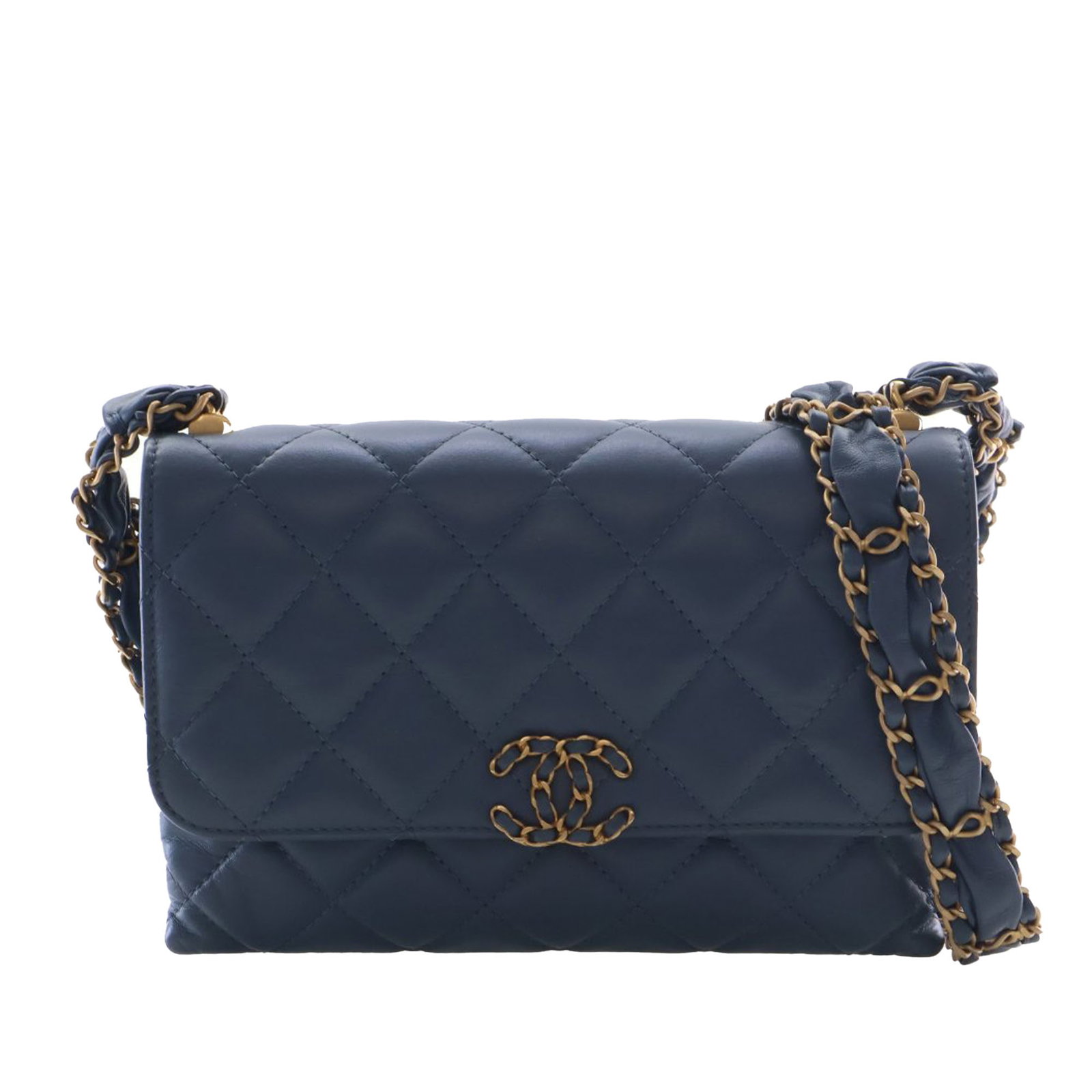 Chanel 19 Medium Flap Bag in Blue Quilted Calfskin: Chanel 19 Medium Flap Bag in Blue Quilted Calfskin Medium Quilted Calfskin 19 Flap bag in blue leather with a quilted body, leather-woven chain shoulder strap, front flap with magnetic snap closure, e
