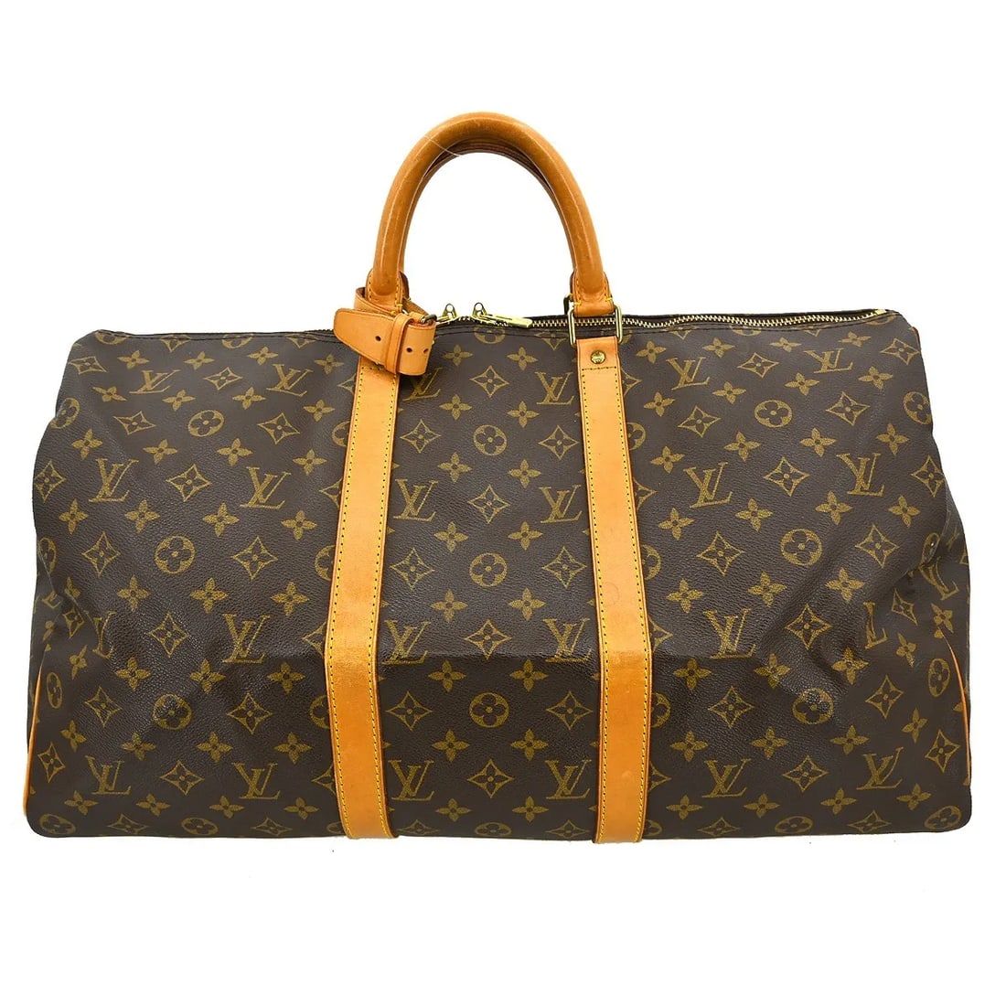 Louis Vuitton Keepall Monogram Canvas Travel Bag with Handle Holder: Louis Vuitton Keepall Monogram Canvas Travel Bag with Handle Holder This Louis Vuitton Keepall Bag is crafted from signature Monogram canvas in brown and features a spacious design suitable for unisex