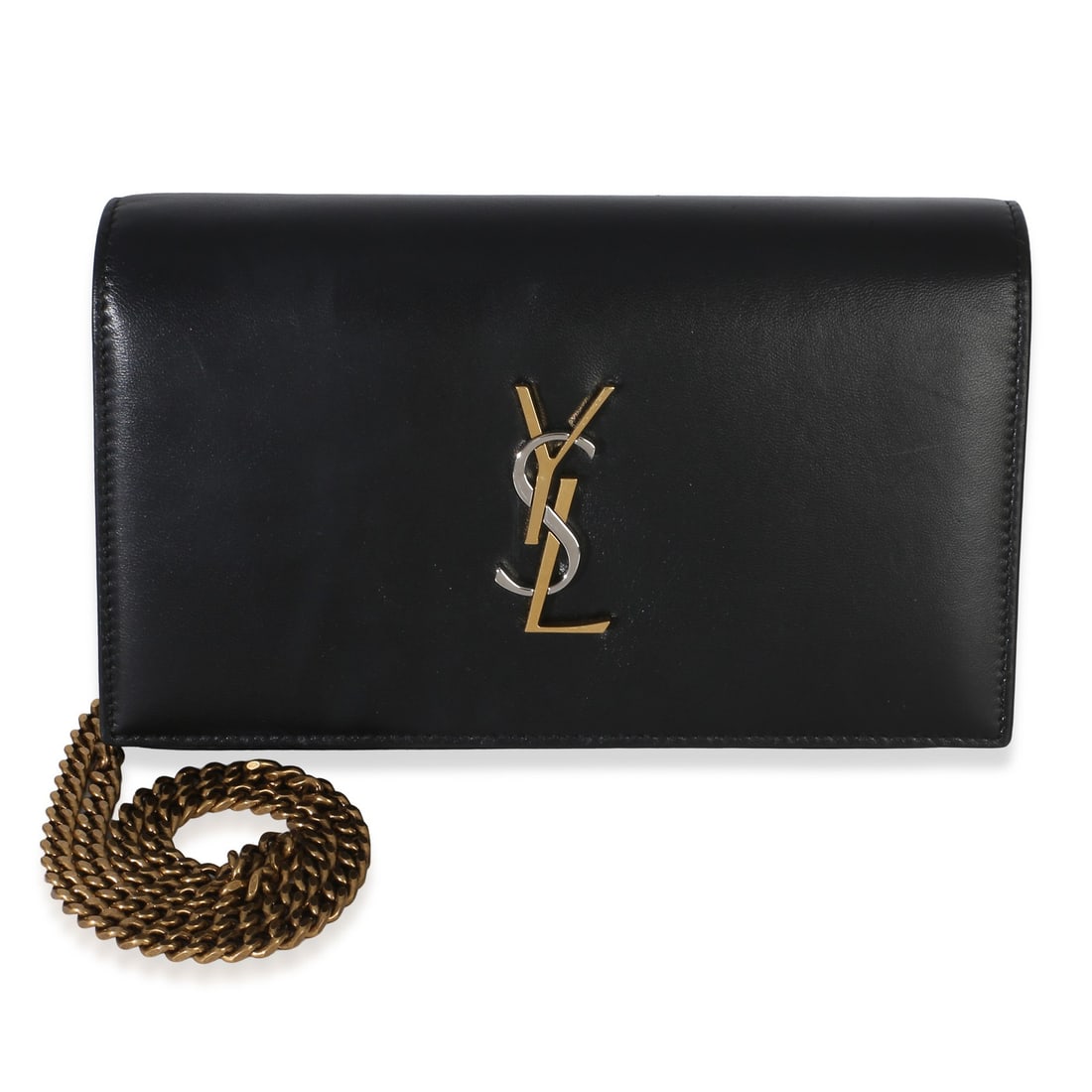 Saint Laurent Kate Wallet on Chain Black Leather Shoulder Bag: Saint Laurent Kate Wallet on Chain Black Leather Shoulder Bag Pre-owned Saint Laurent Kate wallet on chain in black lambskin with a tri-metal design. This unisex shoulder bag features a snap closure, 