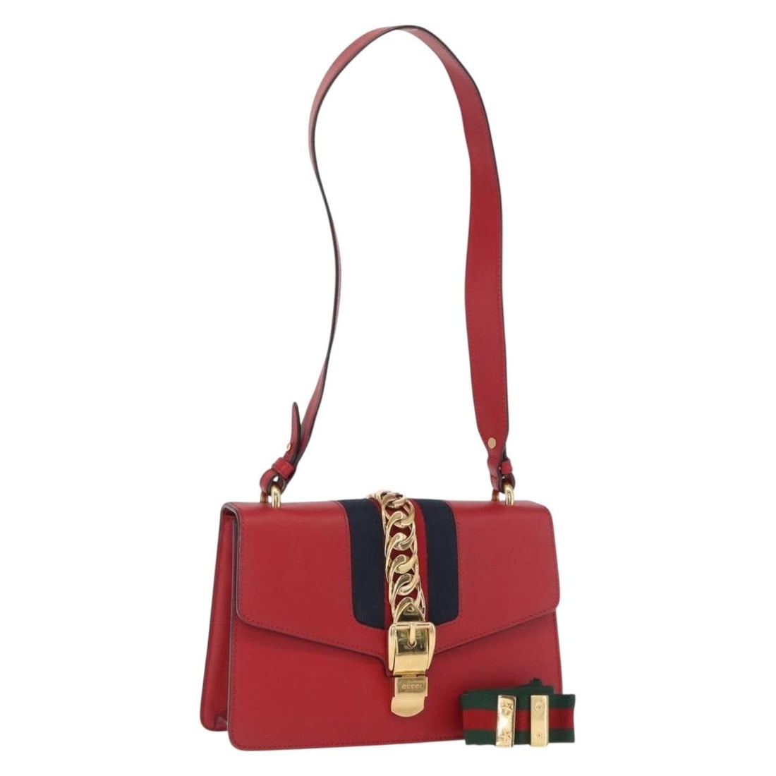 Red Leather Gucci Silvi Sherry Line 2way Shoulder Bag with Strap 421882: Red Leather Gucci Silvi Sherry Line 2way Shoulder Bag with Strap 421882 This GUCCI Silvi Sherry Line shoulder bag offers versatile 2-way styling and is crafted from high-quality red leather with gold-