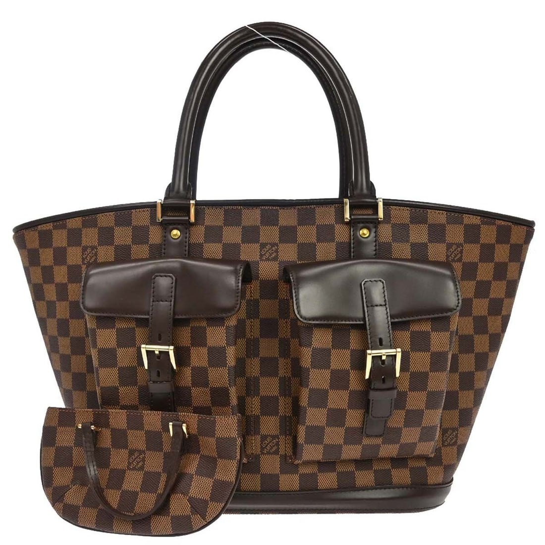 Louis Vuitton Manosque GM Damier Canvas Tote with Pouch N51120: Louis Vuitton Manosque GM Damier Canvas Tote with Pouch N51120 Louis Vuitton Manosque GM tote bag in brown Ebene Damier canvas with leather trim and double handles. This large women's tote features a 