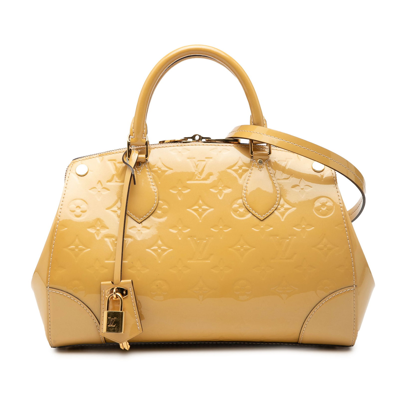 Louis Vuitton Santa Monica Vernis leather bag: Louis Vuitton Santa Monica Vernis leather bag This Louis Vuitton Monogram Vernis Santa Monica bag is crafted from monogram vernis leather in beige and features rolled leather handles, a detachable fla
