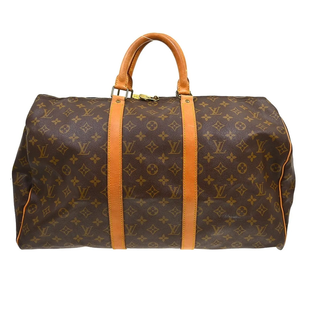 Louis Vuitton Keepall canvas travel bag with name tag: Louis Vuitton Keepall canvas travel bag with name tag Louis Vuitton Keepall in brown monogram canvas with a unisex design. This travel bag is in fair condition with visible wear, including scuffs, scr