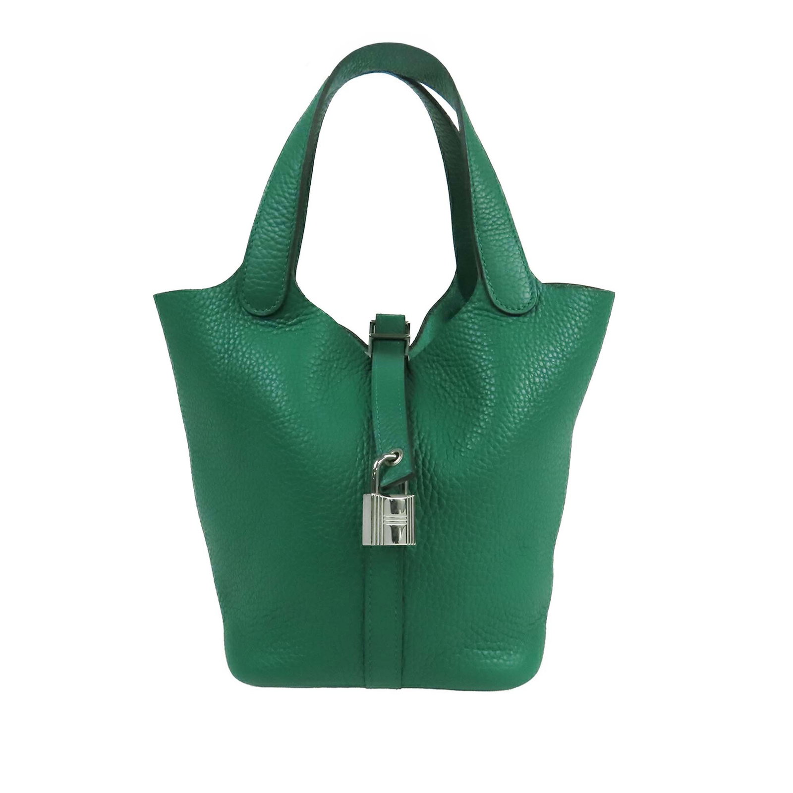 Hermes Picotin Lock 18 Clemence Leather Bag Vert Vertigo: Hermes Picotin Lock 18 Clemence Leather Bag Vert Vertigo Hermes Picotin Lock 18 in Vert Vertigo Clemence leather. This bucket-style bag features flat leather straps and an open top with a pull-through