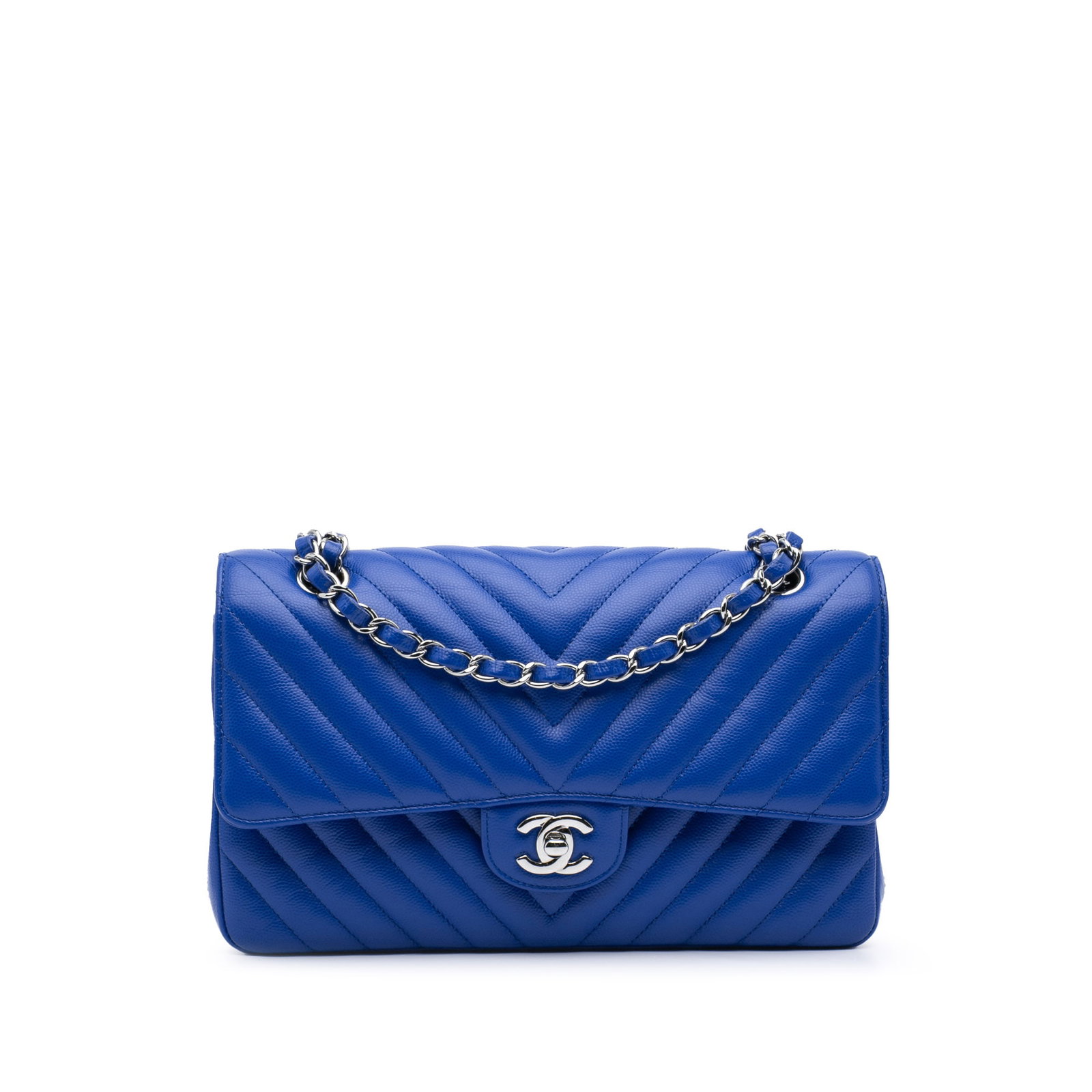 Chanel Blue Caviar Leather Chevron Double Flap Shoulder Bag: Chanel Blue Caviar Leather Chevron Double Flap Shoulder Bag This Chanel Medium Classic Chevron Caviar Double Flap shoulder bag is crafted from quilted caviar leather in blue. It features a leather-wov