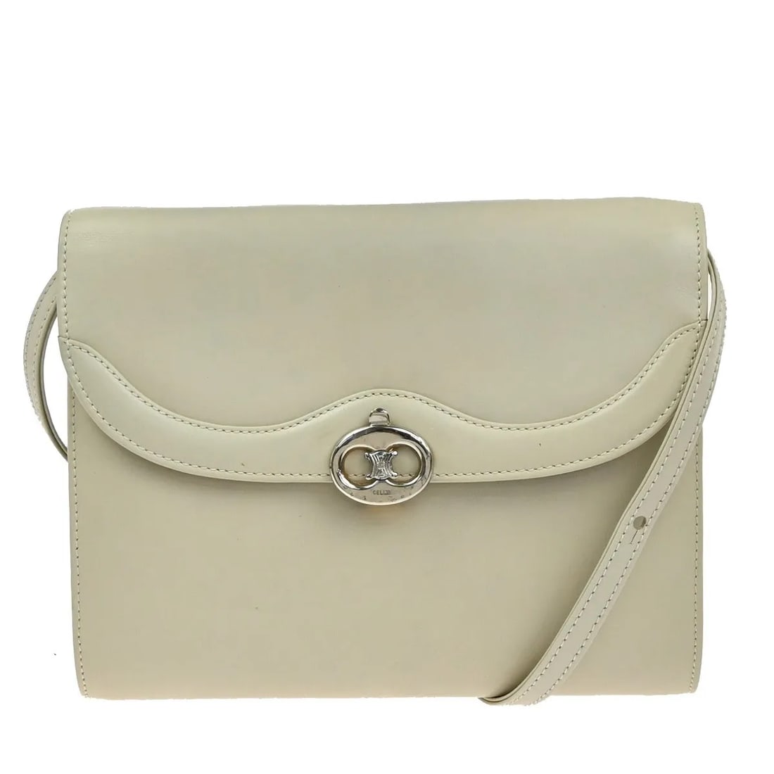 White Leather Shoulder Bag Celine Vintage Italy: White Leather Shoulder Bag Celine Vintage Italy This Celine vintage shoulder bag is crafted from white leather and features a classic design for women. The bag shows visible signs of wear, including s