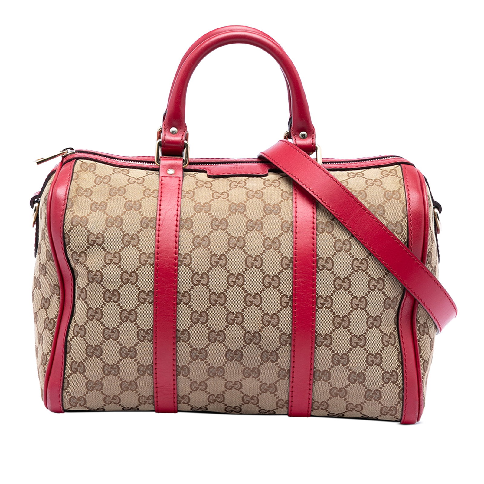 Gucci Beige Canvas Joy Boston Satchel Medium GG: Gucci Beige Canvas Joy Boston Satchel Medium GG This Gucci Medium GG Canvas Joy Boston Bag features a beige canvas body with leather trim, rolled leather handles, and a detachable, adjustable flat lea
