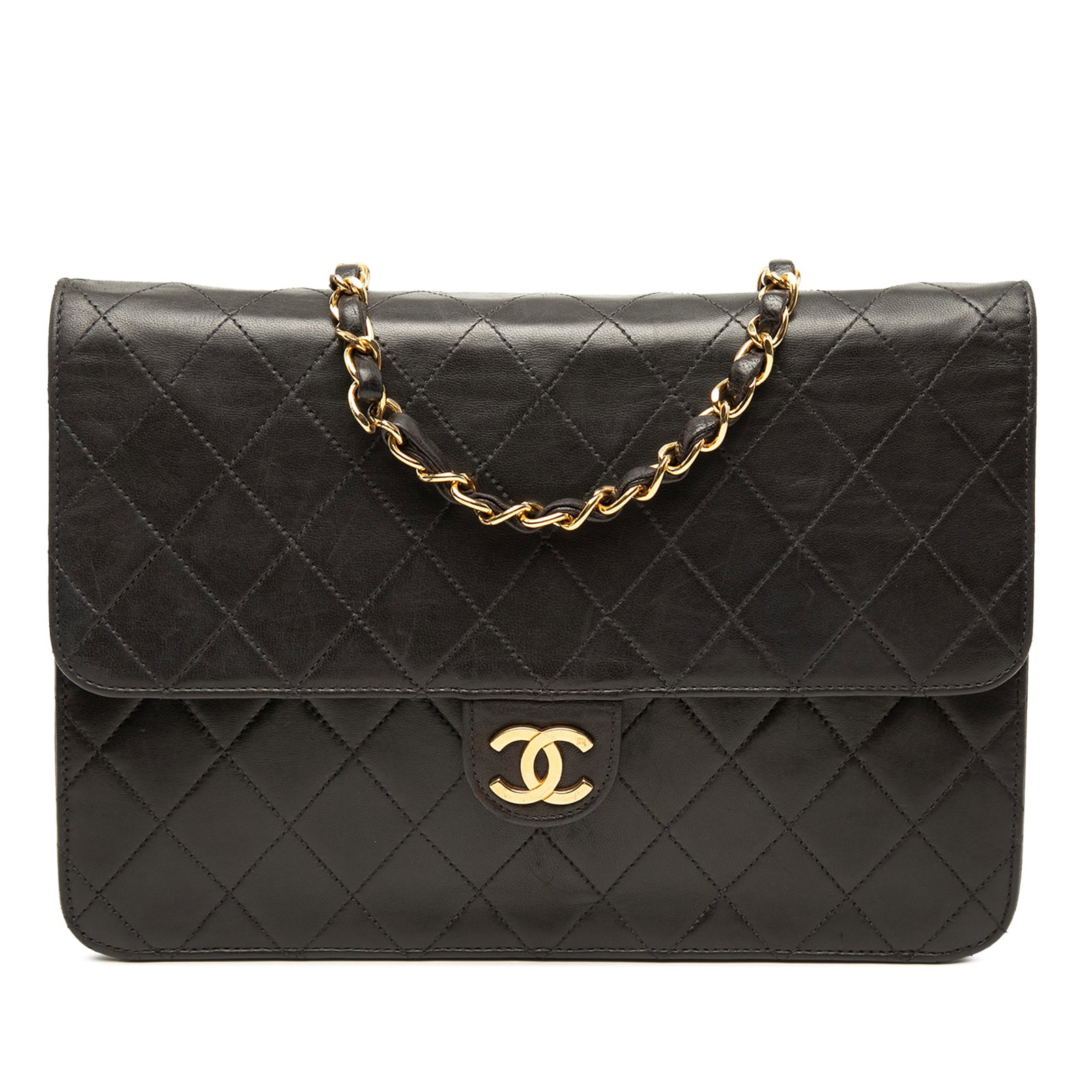 Chanel Medium CC Single Flap Black Quilted Lambskin Crossbody Bag: Chanel Medium CC Single Flap Black Quilted Lambskin Crossbody Bag A Chanel Medium CC Quilted Lambskin Single Flap crossbody bag crafted in black quilted lambskin leather. It features a leather-woven c