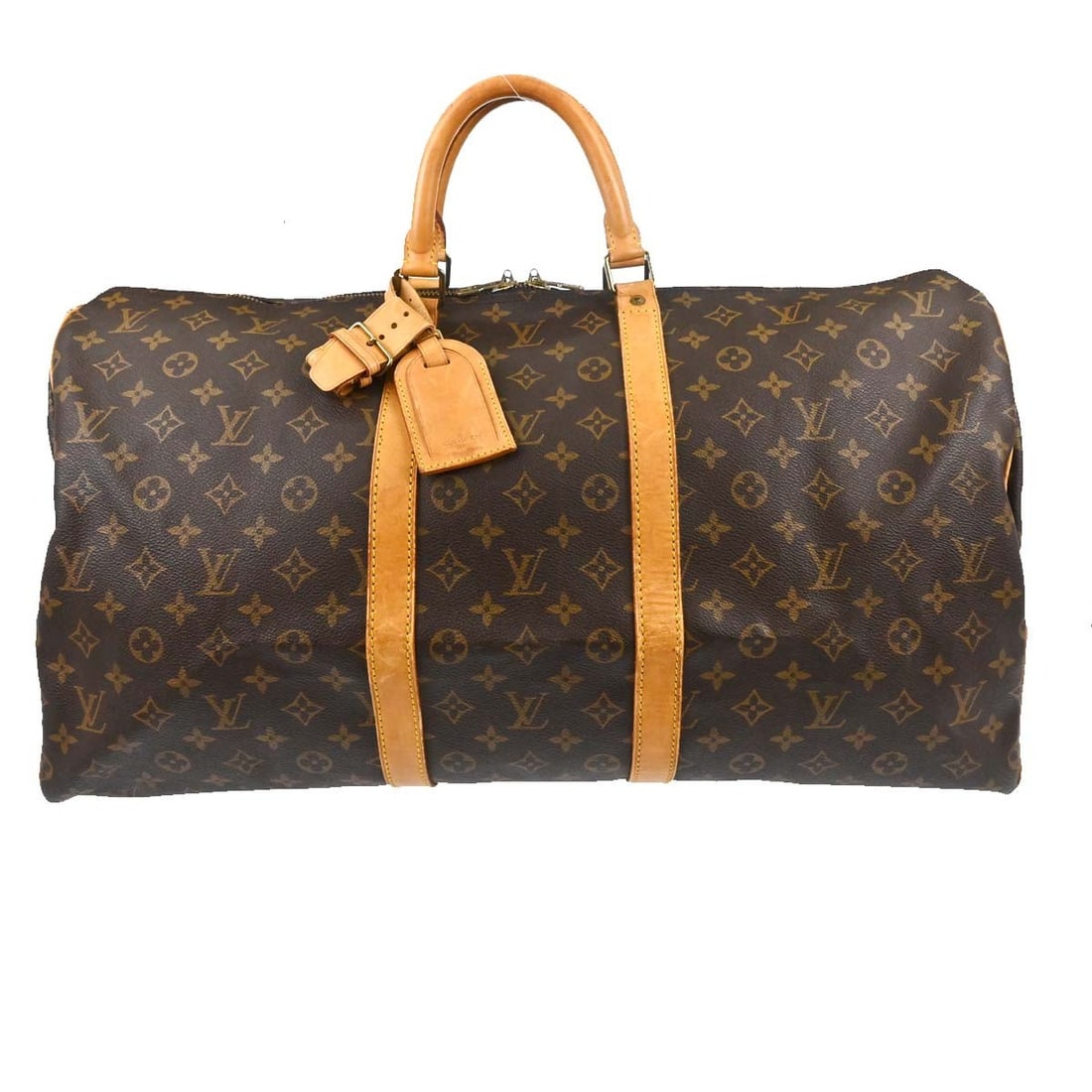 Louis Vuitton Keepall 55 Monogram Duffle Bag M41424 France: Louis Vuitton Keepall 55 Monogram Duffle Bag M41424 France Vintage Louis Vuitton Keepall 55 travel handbag in Monogram canvas and leather. This extra-large duffle-style bag features double leather han