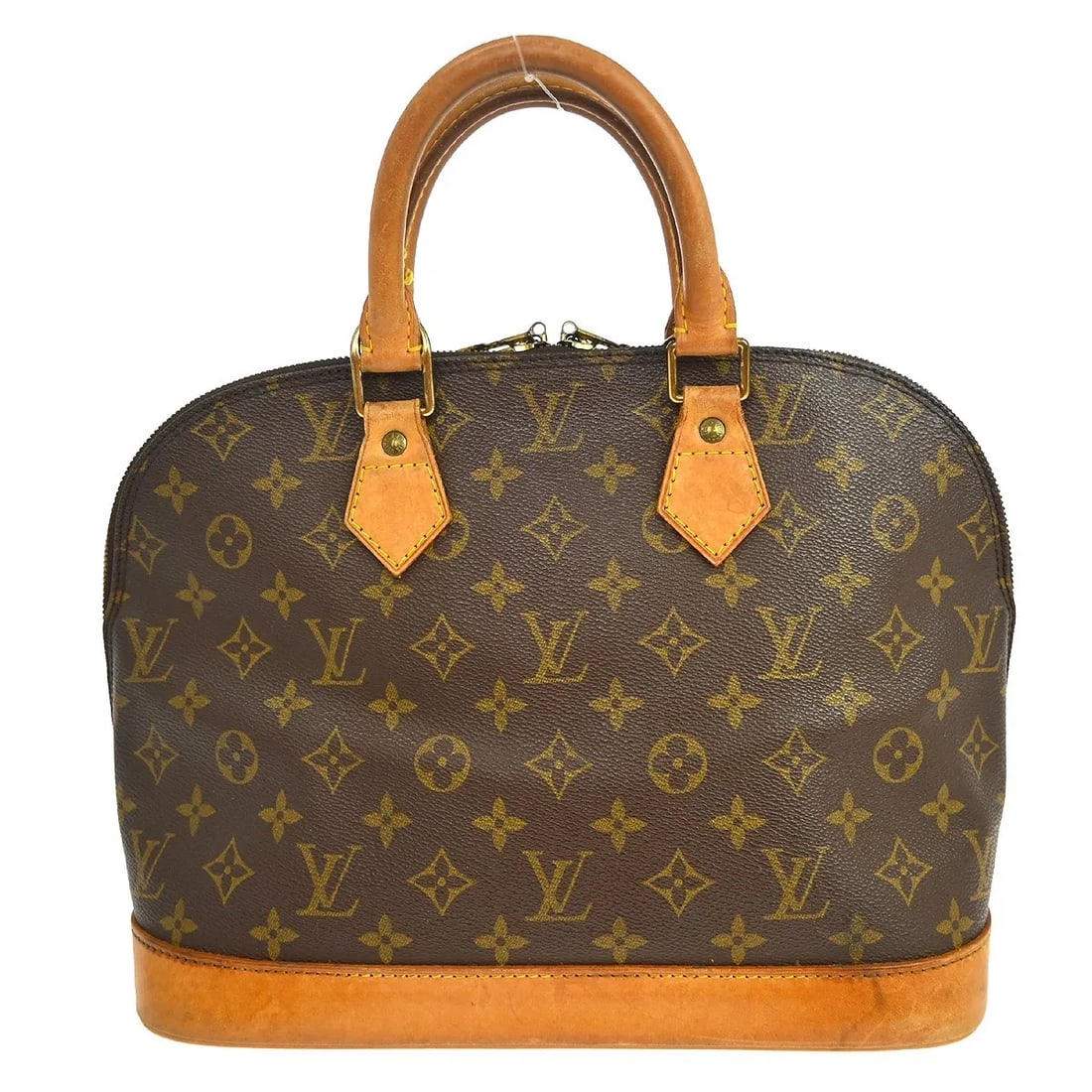 Louis Vuitton Alma Handbag in Brown Monogram Canvas: Louis Vuitton Alma Handbag in Brown Monogram Canvas Louis Vuitton Alma handbag in brown monogram canvas. This structured top-handle bag is made in France and is presented in fair condition with visibl