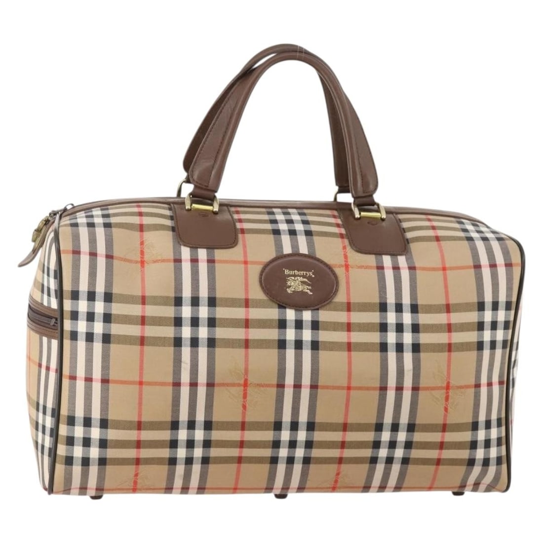 Burberrys Boston Bag in Beige Nova Check Canvas: Burberrys Boston Bag in Beige Nova Check Canvas Burberrys Boston bag in beige and gold canvas with the Nova Check pattern. This women's handbag is made in Italy and comes only with the item shown; the