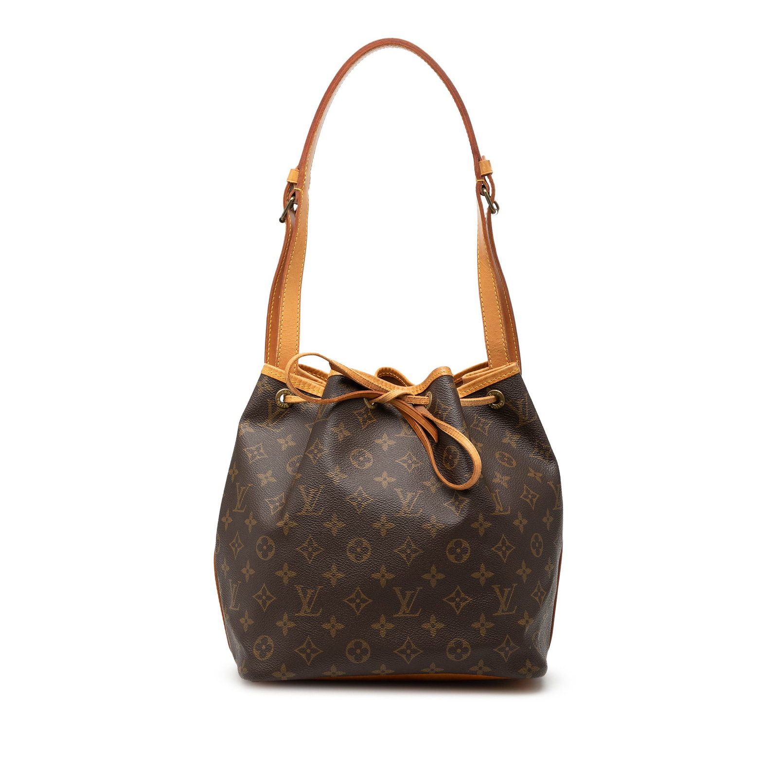 Louis Vuitton Petit Noe Monogram Canvas Drawstring Bag: Louis Vuitton Petit Noe Monogram Canvas Drawstring Bag Louis Vuitton Monogram Petit Noe bucket bag crafted with a monogram canvas body and vachetta leather trim. It features an adjustable flat vachett