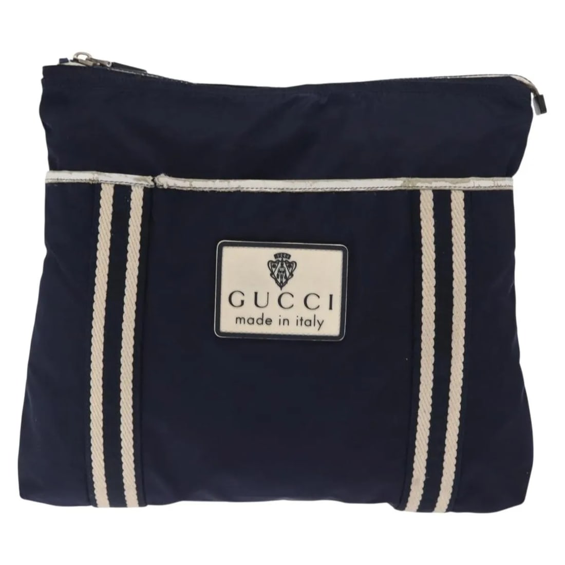 Gucci Vintage Shoulder Bag Navy Nylon Italy: Gucci Vintage Shoulder Bag Navy Nylon Italy This Gucci vintage shoulder bag for women features navy nylon material with metal fittings. The bag shows signs of wear including surface deformation, rubbi
