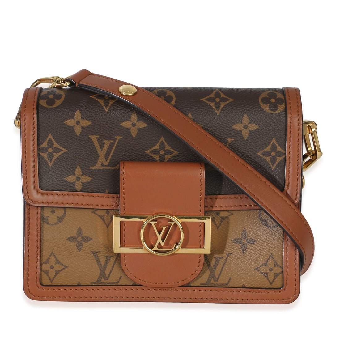 Louis Vuitton Mini Dauphine coated canvas crossbody bag brown: Louis Vuitton Mini Dauphine coated canvas crossbody bag brown Louis Vuitton Mini Dauphine crossbody bag in reverse monogram coated canvas with a brown exterior, black microfiber lining, and gold-tone 