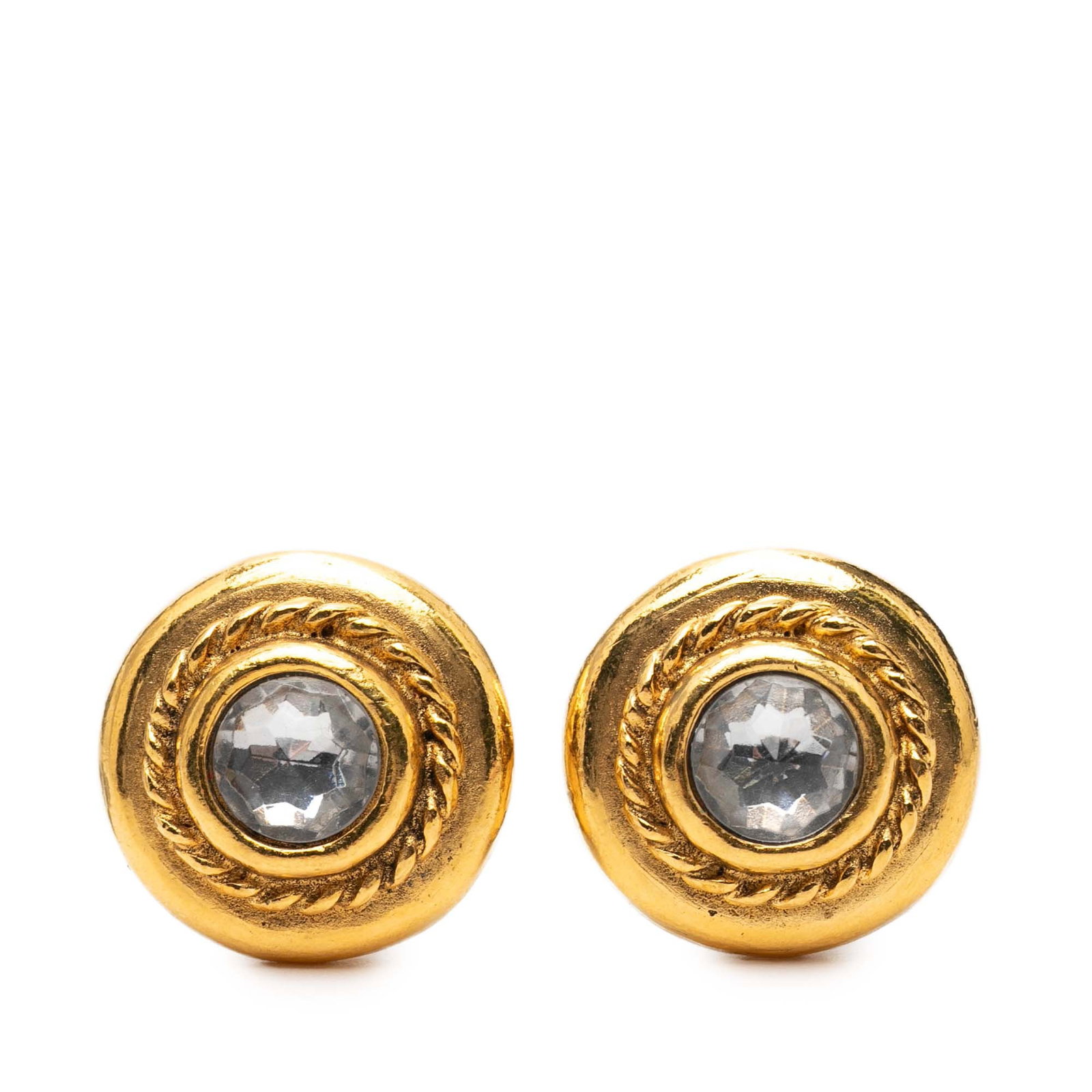 Chanel Clip On Earrings with Gold Plating and Rhinestone Rope Detailing: Chanel Clip On Earrings with Gold Plating and Rhinestone Rope Detailing These Chanel clip-on earrings feature gold-plated metal bodies with rhinestone embellishments and a rope border design. The earr