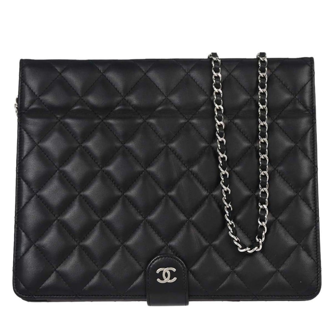 CHANEL Lambskin Shoulder Bag with Tablet Case Black: CHANEL Lambskin Shoulder Bag with Tablet Case Black Black lambskin tablet case shoulder bag with button closure and shoulder strap. This women's bag is made in Italy and includes the serial sticker, b