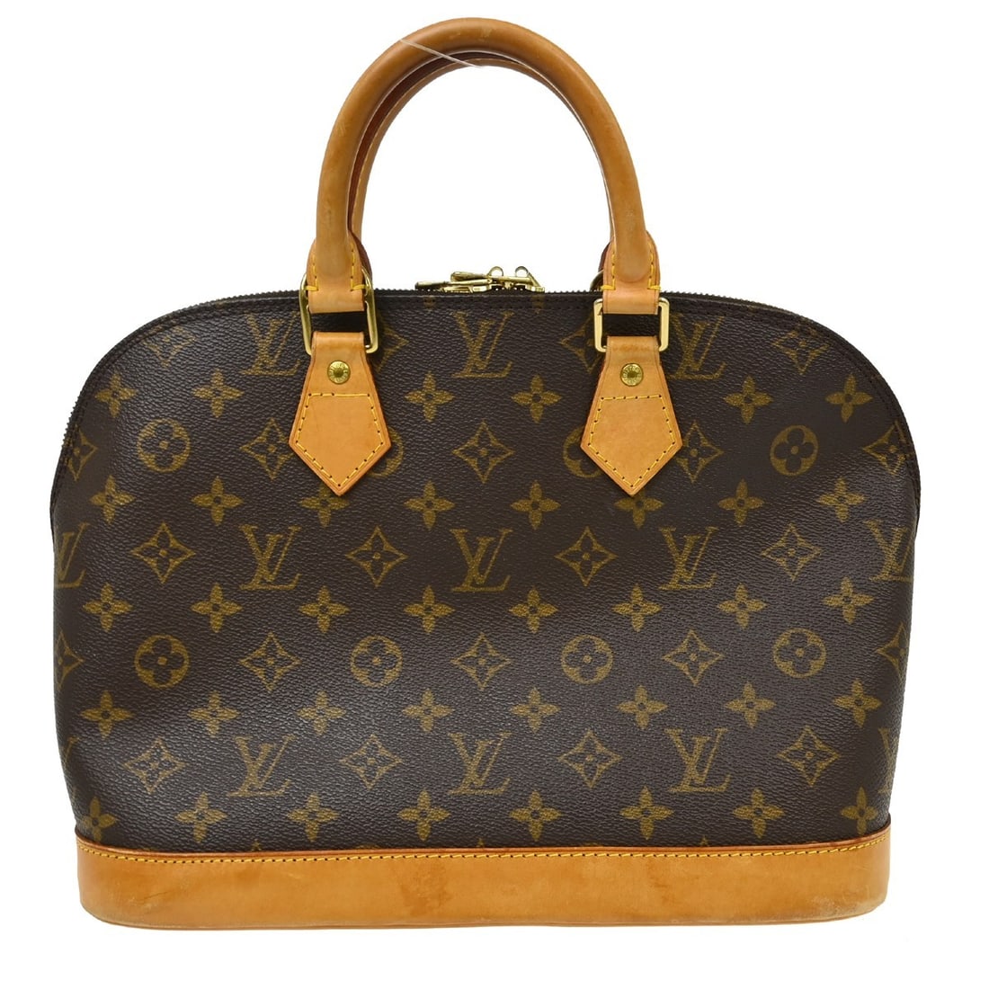 Louis Vuitton Alma Monogram Canvas Hand Bag M51130: Louis Vuitton Alma Monogram Canvas Hand Bag M51130 Vintage Louis Vuitton Alma handbag in Monogram canvas with leather double handles and a zip closure. This medium handbag features a brown exterior wi