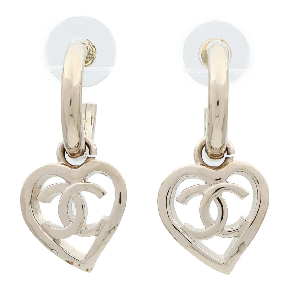 Silver Pierced Earrings with CC Logo by CHANEL: Silver Pierced Earrings with CC Logo by CHANEL These CHANEL CC pierced earrings feature a silver-tone metal design and showcase the iconic CC logo. Made in France, they are crafted without a main ston