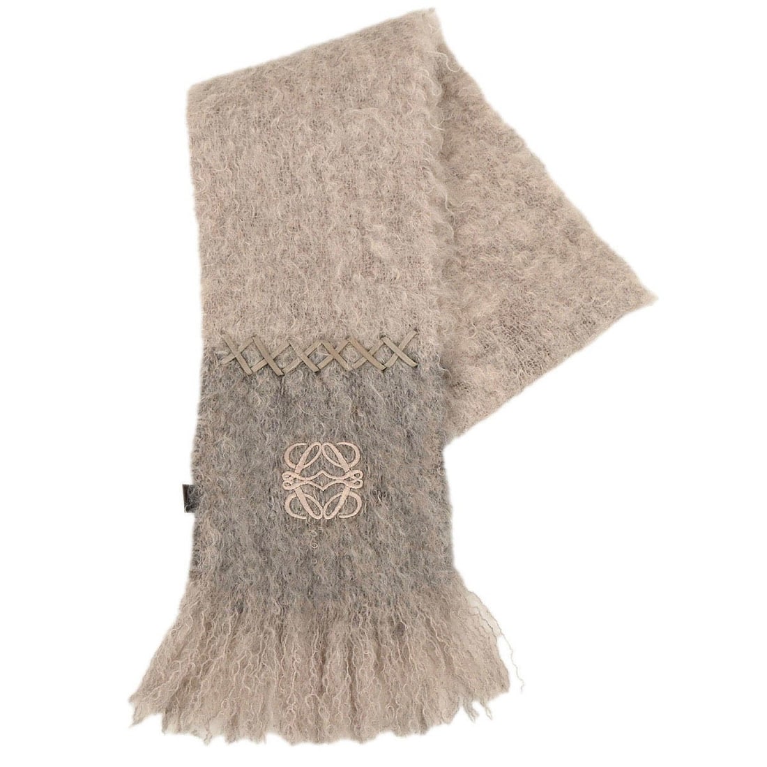 Loewe Beige Mohair Wool Scarf 64 in Made in Spain: Loewe Beige Mohair Wool Scarf 64 in Made in Spain Beige Loewe stole muffler for women, crafted from a mohair and wool blend. Made in Spain, this winter scarf has a slim, elongated shape and is present