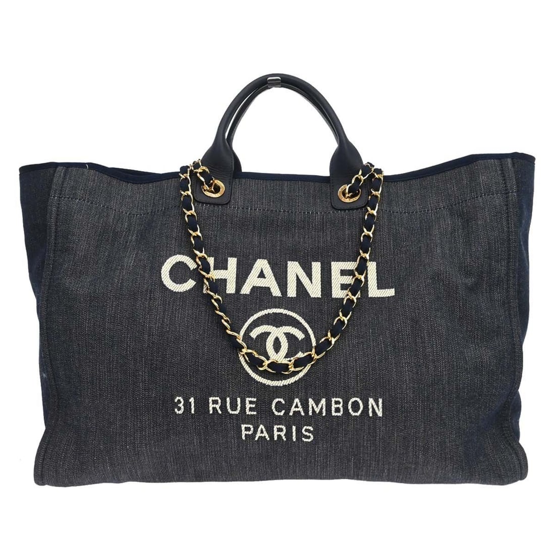 CHANEL Deauville Navy Denim Tote Bag with Shoulder Strap: CHANEL Deauville Navy Denim Tote Bag with Shoulder Strap Chanel Deauville 2way shoulder tote handbag in navy denim with double handles and a magnetic closure. This extra large women's tote features a 