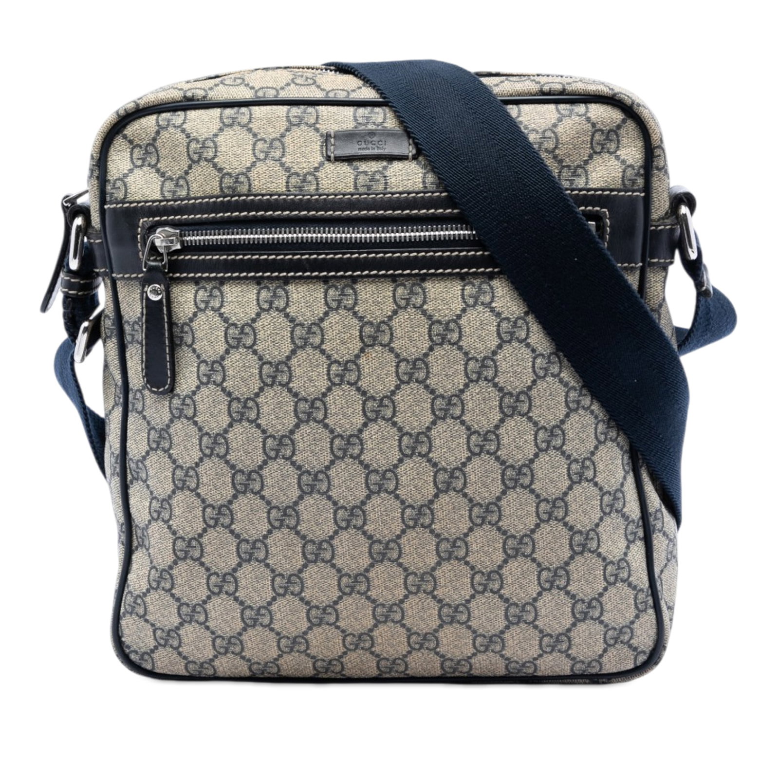 Gucci GG Supreme Beige Coated Canvas Crossbody Bag: Gucci GG Supreme Beige Coated Canvas Crossbody Bag Gucci GG Supreme crossbody bag crafted with a coated canvas body and leather trim. It features an adjustable flat strap, a top zip closure, and an ex