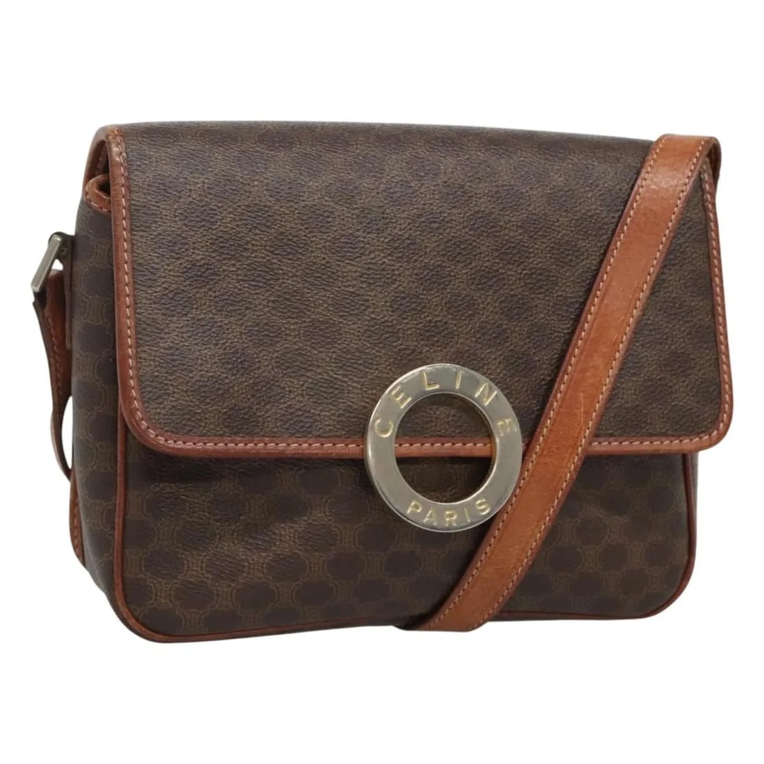 Celine Vintage Macadam Circle Logo Shoulder Bag Canvas Leather Brown: Celine Vintage Macadam Circle Logo Shoulder Bag Canvas Leather Brown This Celine Vintage Macadam Circle Logo Shoulder Bag features a unisex design crafted from brown canvas with leather accents. The b