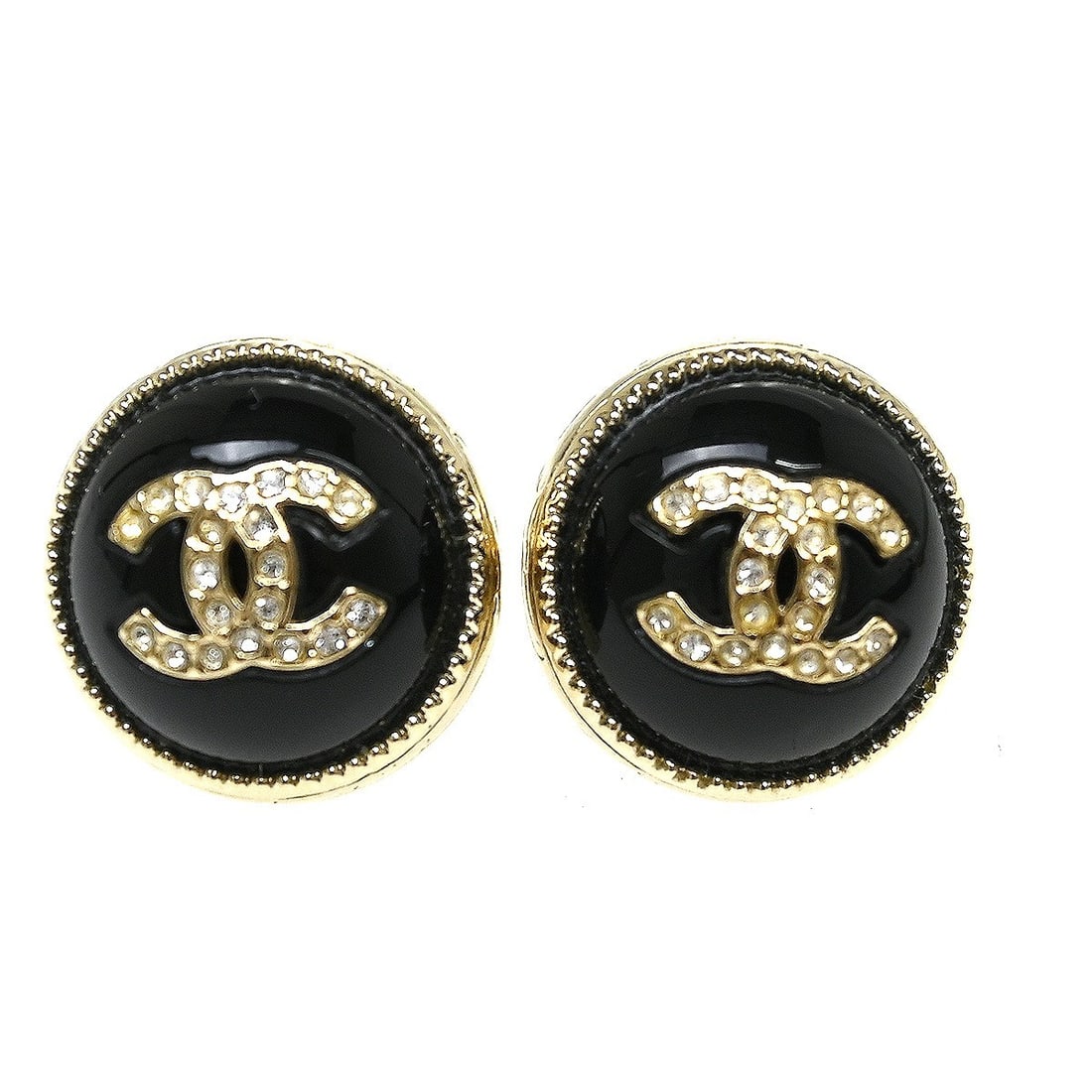 CHANEL A22C Button Earrings Black Rhinestone Gold Plated: CHANEL A22C Button Earrings Black Rhinestone Gold Plated Chanel button pierced earrings featuring a black design with rhinestone accents and gold-plated details. Made in France, this pair has screw ba