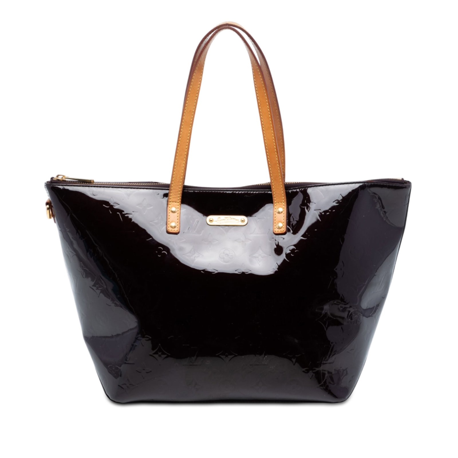 Louis Vuitton Bellevue GM Monogram Vernis Purple Leather Bag: Louis Vuitton Bellevue GM Monogram Vernis Purple Leather Bag This Louis Vuitton Monogram Vernis Bellevue GM features a glossy vernis leather body in purple, complemented by flat vachetta leather shoul