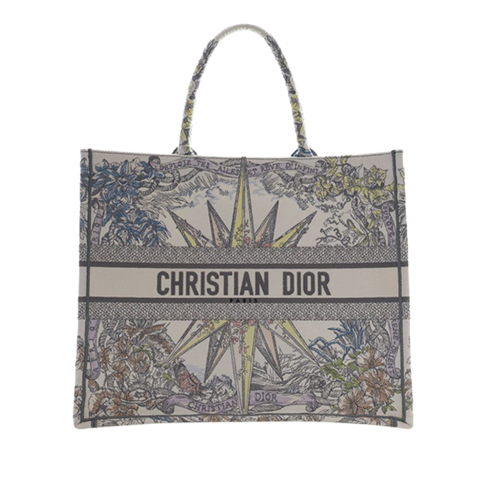 Dior Reve d Infini embroidered canvas tote bag: Dior Reve d Infini embroidered canvas tote bag The Dior Large Embroidered Canvas Reve d'Infini Book Tote is crafted in Italy and features a beautifully embroidered canvas body with rolled canvas handl