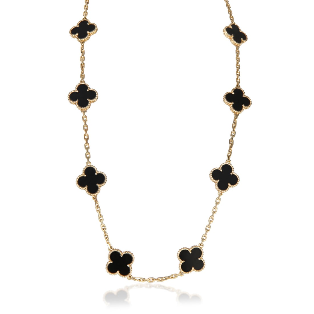 Van Cleef & Arpels Vintage Alhambra 18k Yellow Gold Onyx Necklace: Van Cleef & Arpels Vintage Alhambra 18k Yellow Gold Onyx Necklace Pre-owned Van Cleef & Arpels Vintage Alhambra necklace crafted in 18k yellow gold with onyx. This women's necklace features a lobster 