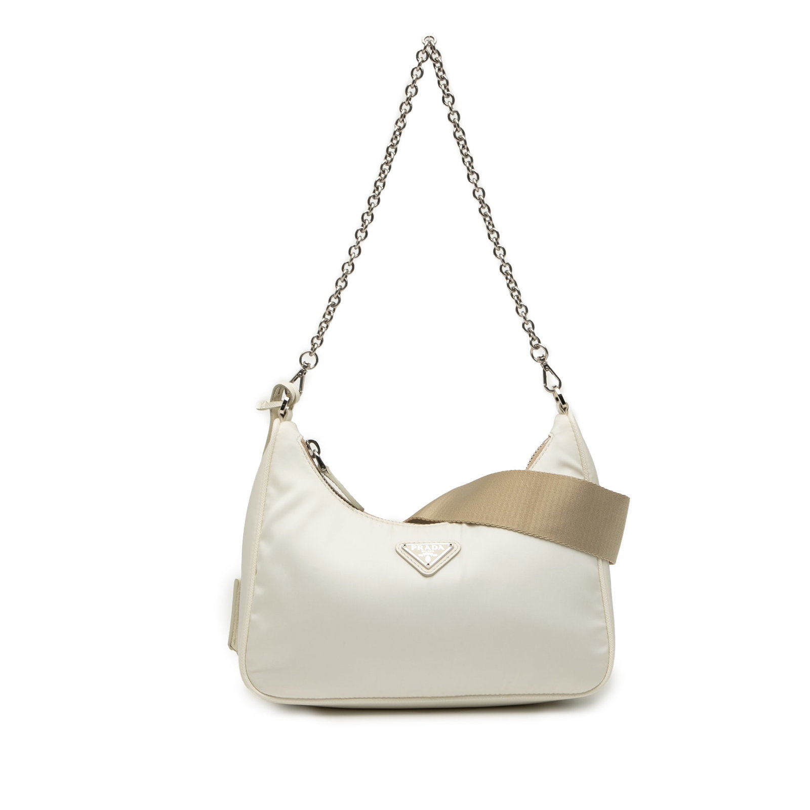 White Prada Re Nylon 2005 Re Edition Satchel with Removable Straps: White Prada Re Nylon 2005 Re Edition Satchel with Removable Straps This Prada Re Nylon Re Edition 2005 Satchel showcases a nylon body with leather trim, featuring both an adjustable and detachable fla
