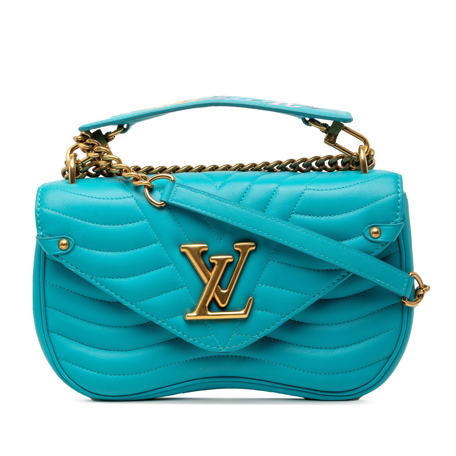 Louis Vuitton Blue Leather New Wave Chain MM Shoulder Bag: Louis Vuitton Blue Leather New Wave Chain MM Shoulder Bag The Louis Vuitton New Wave Chain Bag MM is crafted from leather and features a chain link strap with a leather shoulder guard, a detachable fl