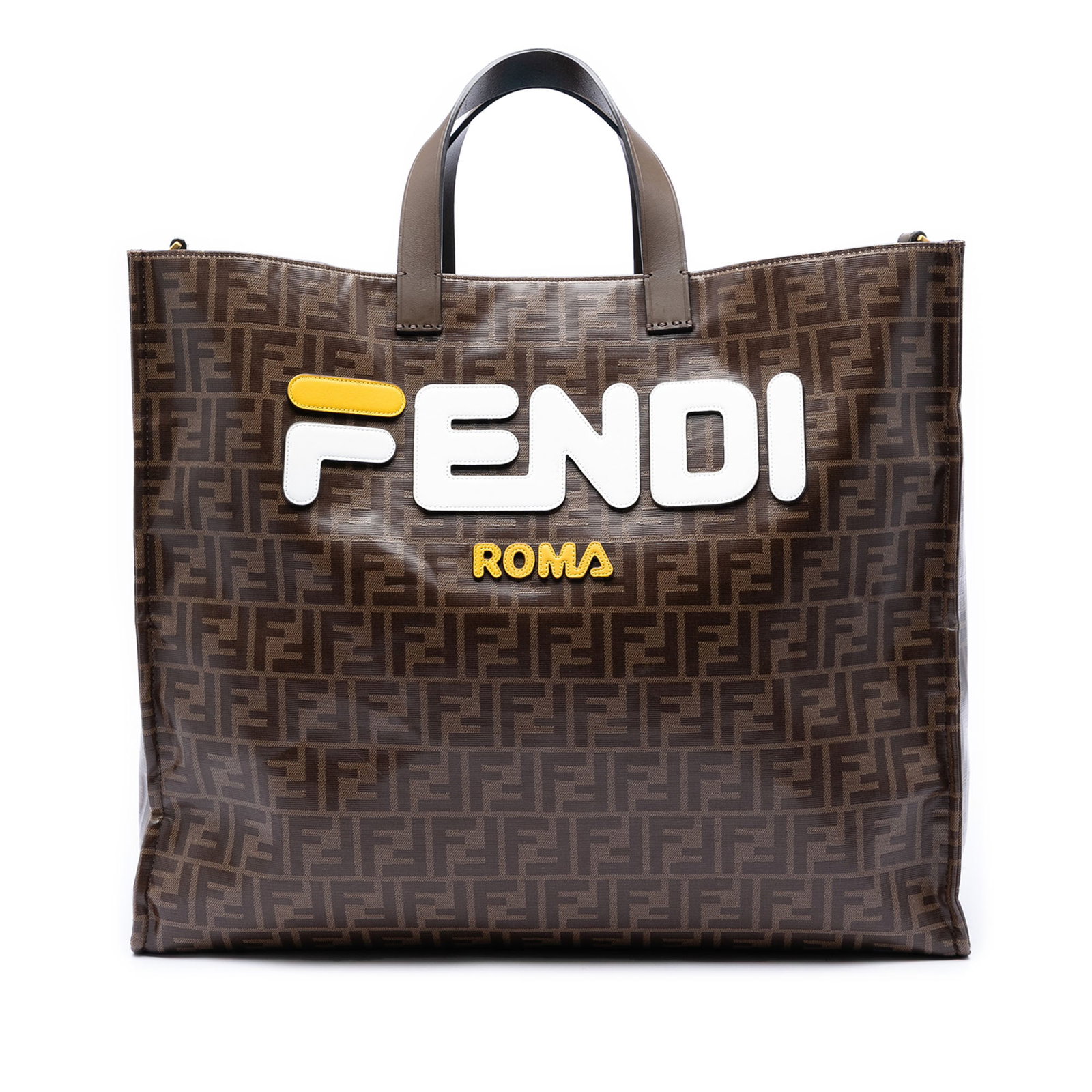 Fendi Zucca Coated Canvas Shopper Tote: Fendi Zucca Coated Canvas Shopper Tote This Fendi Fila Zucca Logo Mania Shopper Tote is crafted from coated canvas with flat leather handles. The bag features an open top and an interior zip pocket fo