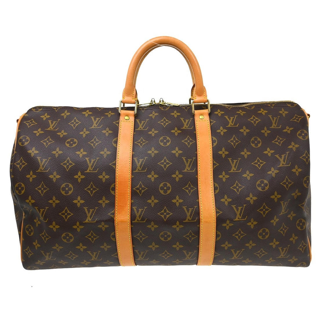 Louis Vuitton Keepall Bandouliere 50 Monogram Travel Handbag M41416: Louis Vuitton Keepall Bandouliere 50 Monogram Travel Handbag M41416 Vintage Louis Vuitton Keepall 50 Bandouliere handbag in brown Monogram canvas with leather trim and double handles. This large zip-t