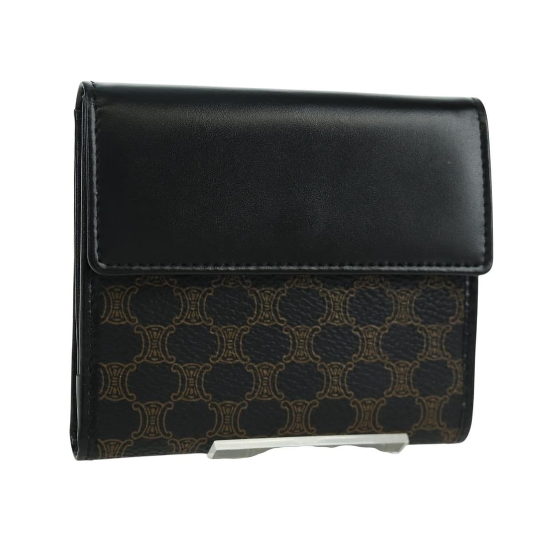 Celine Macadam Pattern Black PVC Leather Trifold Wallet with Gold Accents: Celine Macadam Pattern Black PVC Leather Trifold Wallet with Gold Accents This CELINE trifold wallet features the iconic Macadam canvas and PVC leather in a sophisticated black and gold color combinat