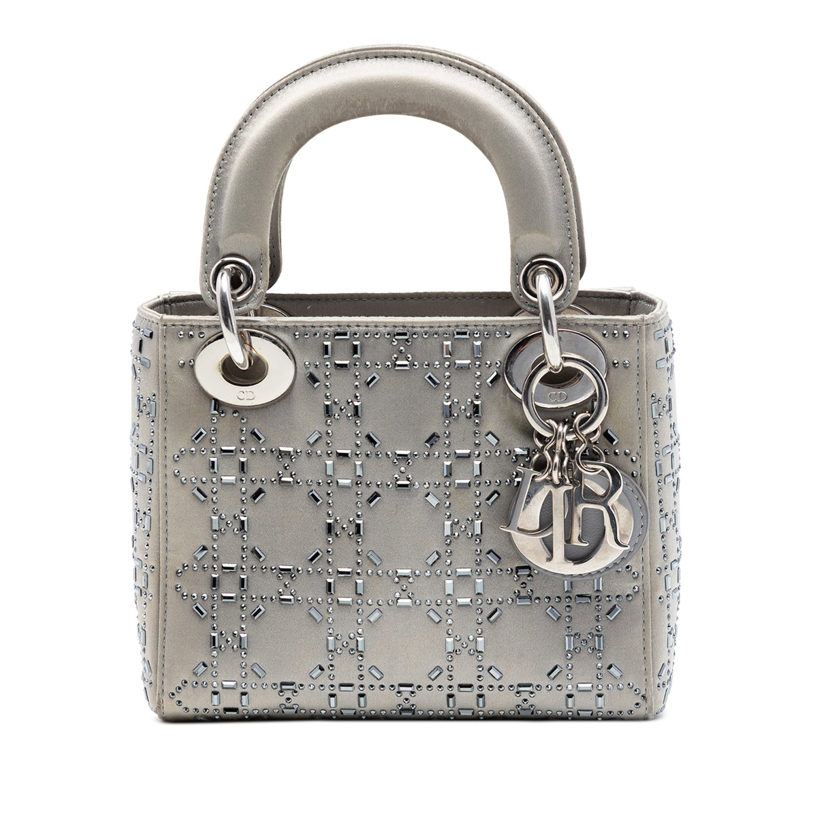 Dior Lady Dior Mini Satin Handbag with Crystal Cannage Gray: Dior Lady Dior Mini Satin Handbag with Crystal Cannage Gray This Mini Lady Dior bag is crafted in gray satin with the signature Cannage pattern and crystal embellishments. It features flat satin handl